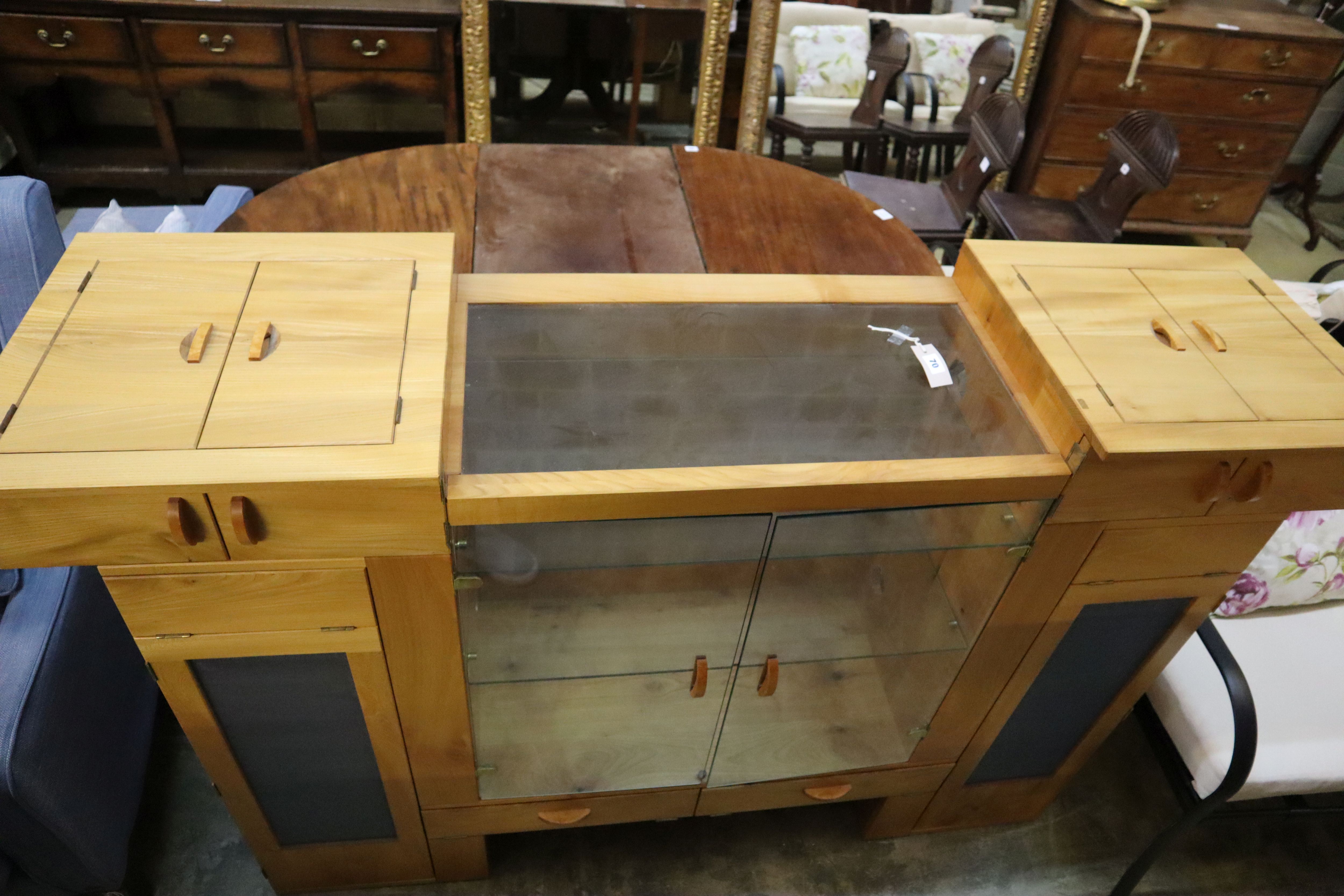 A bespoke cherrywood and wych elm combined display/audio cabinet by John Wyndham, width 175cm, depth 47cm, height 115cm